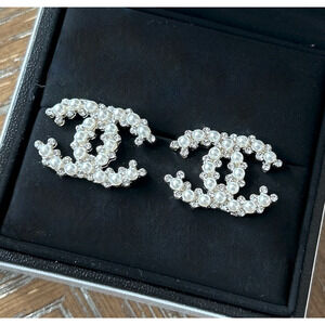 925 Silver Crystal Man Made Pearls CC Chanel Logo Earrings Luxury